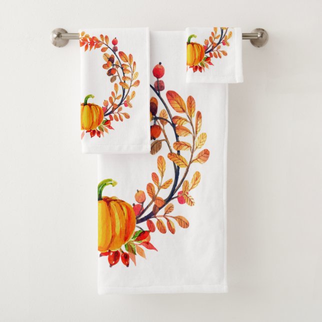 "Hello Pumpkin!" Autumn Wreath Bathroom Towel Set (Insitu)
