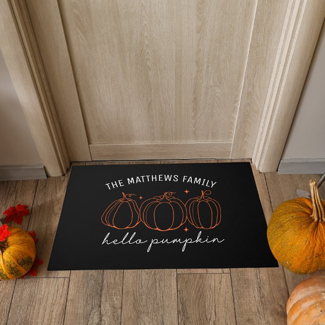 Hello Pumpkin Custom Family Name Autumn Doormat (A festive fall indoor or outdoor custom name doormat to welcome guests or trick-or-treaters!)