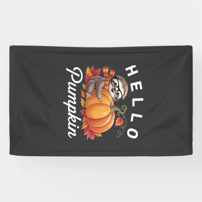 Hello Pumpkin - Cute Fall Sloth Autumn Leaves Foli Banner (Horizontal)