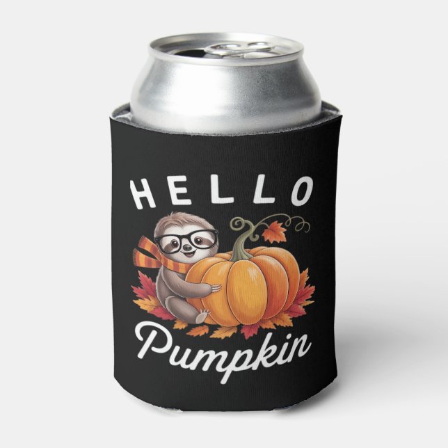 Hello Pumpkin - Cute Fall Sloth Autumn Leaves Foli Can Cooler (Can Front)