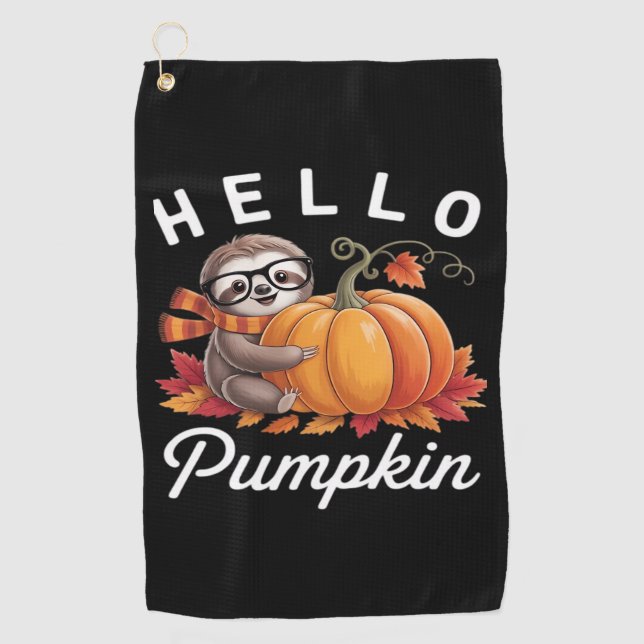 Hello Pumpkin - Cute Fall Sloth Autumn Leaves Foli Golf Towel (Front)
