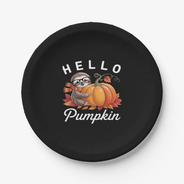 Hello Pumpkin - Cute Fall Sloth Autumn Leaves Foli Paper Plate (Front)