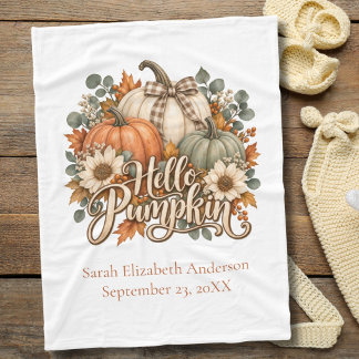 Hello Pumpkin Fall Autumn Floral Personalized Baby Fleece Blanket