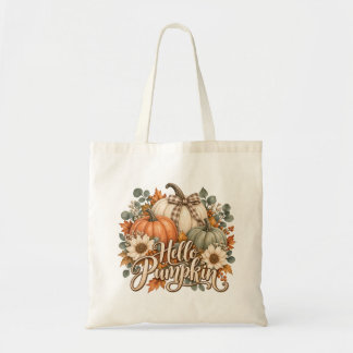 Hello Pumpkin Fall Floral Coquette Bow Pumpkin Tote Bag