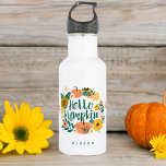 Hello Pumpkin Fall Wildflowers Butterfly Wreath 532 Ml Water Bottle<br><div class="desc">The design features our beautiful fall blooming yellow wildflower florals and pumpkins in bight yellow, blush pink and green foliage. The wildflower floral garden and butterflies creates a beautiful fall floral pumpkin wreath, with the words "hello pumpkin" in a beautiful brush stylish script font. Personalized with name. All illustrations are...</div>