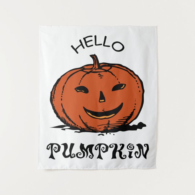 Hello pumpkin jack-o-lantern illustration, Black Tapestry (Front)