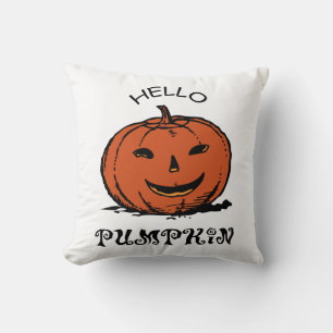 Hello pumpkin jack-o-lantern illustration, Black Throw Pillow