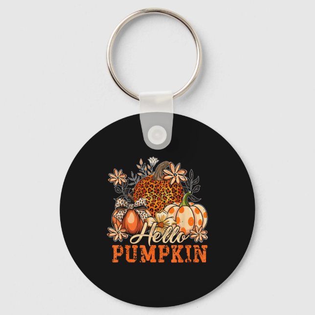 Hello Pumpkin Leopard Print For Fall Thanksgiving  Keychain (Front)