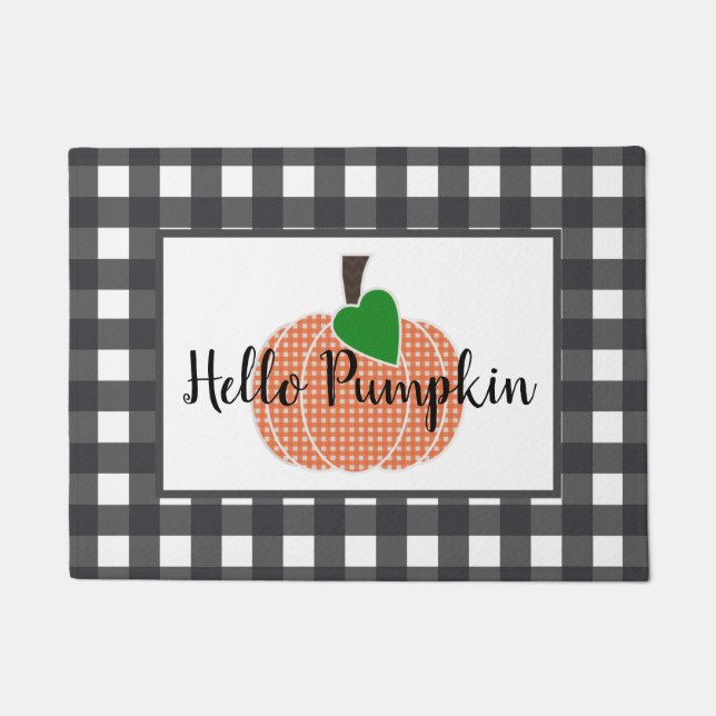 Hello Pumpkin Orange Gingham Plaid Pumpkin Doormat (Front)
