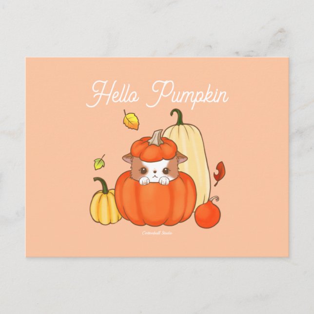 Hello Pumpkin Puppy in a Pumpkin Cute Kawaii  Postcard (Front)