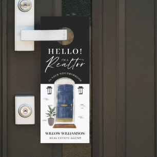 Hello! Real Estate Agent Navy Watercolor Front Door Hanger
