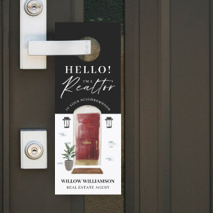 Hello! Real Estate Agent Red Watercolor Front Door Hanger
