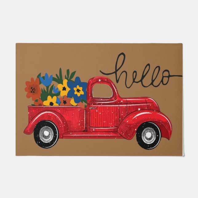 Hello Red Truck And Flower Mat, Retro  Doormat (Front)