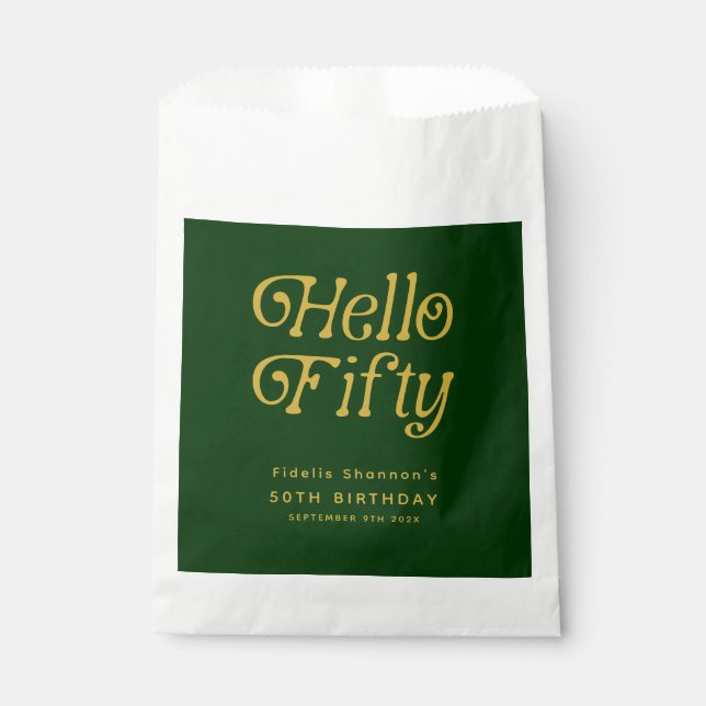 Hello Retro Green and Gold 50th Birthday Party  Favour Bag (Front)