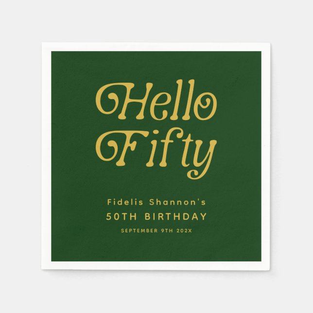 Hello Retro Green and Gold 50th Birthday Party Napkin (Front)