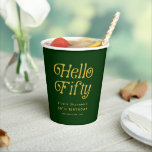 Hello Retro Green and Gold 50th Birthday Party  Paper Cups<br><div class="desc">Sip in style with these Hello Fifty Retro 50th Birthday Party Paper Cups, featuring bold retro typography and a chic green-and-gold design that adds a modern touch to your milestone celebration. Perfect for cocktail parties, backyard gatherings, or elegant fifty and fabulous dinners, these customizable 50th birthday party cups are both...</div>