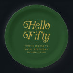 Hello Retro Green and Gold 50th Birthday Party Paper Plate<br><div class="desc">Celebrate in style with these Hello Fifty Retro 50th Birthday Party Paper Plates, featuring bold modern-retro typography in a chic green-and-gold design that’s perfect for milestone celebrations. These durable and customizable 50th birthday party plates not only add a stylish touch to your table décor but also make cleanup easy after...</div>