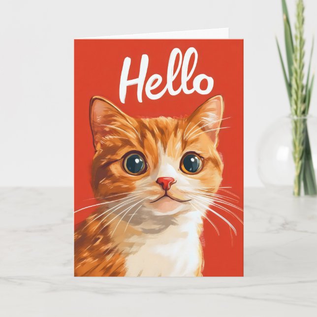 Hello Retro Orange Cat Holiday Card (Front)