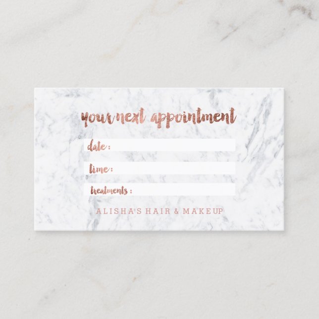 Hello rose gold script marble appointment card (Front)