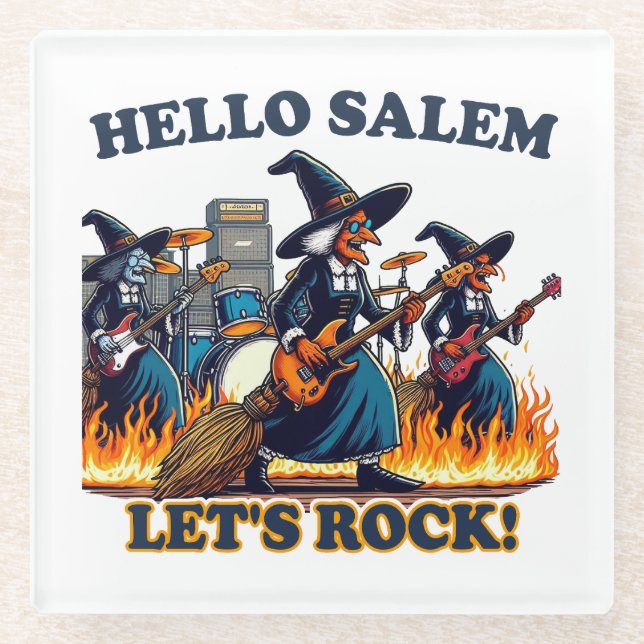 Hello Salem Massachusetts Witch Rock Band Glass Coaster (Front)