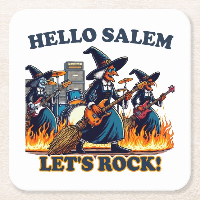 Hello Salem Massachusetts Witch Rock Band Square Paper Coaster (Front)