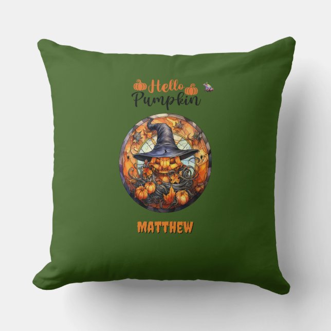 Hello Scary Hallowe'en Pumpkin Throw Pillow (Front)