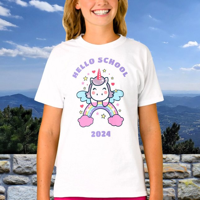 Hello School Custom Text Colourful Unicorn Rainbow T-Shirt (Creator Uploaded)