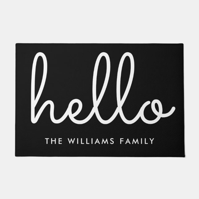 Hello Script Black And White Custom Family Name Doormat (Front)