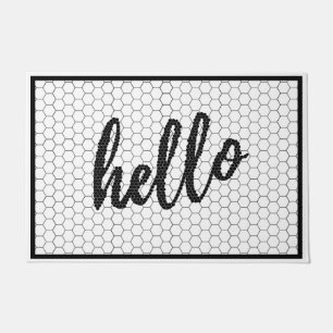 Hello Script Black and White Trending Hex Tile Doormat