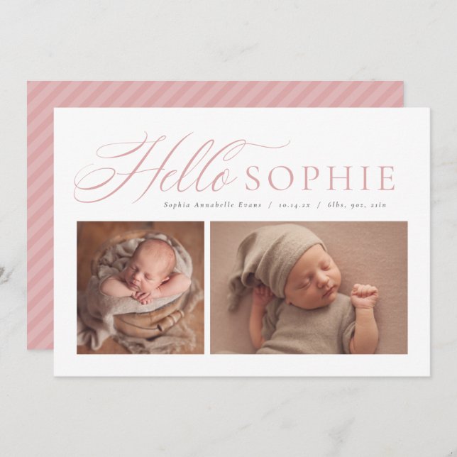 Hello script elegant two photo pink birth announcement (Front/Back)