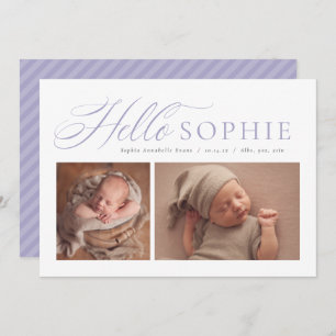 Hello script elegant two photo purple birth announcement