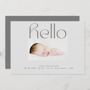 hello script modern grey simple minimalistic birth announcement