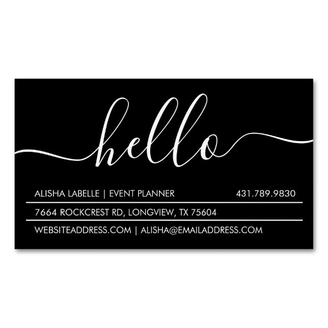 Hello Script | Modern & Stylish Minimal Black Magnetic Business Card (Front)
