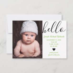 Hello Script Photo Green - 3x5 Birth Announcement