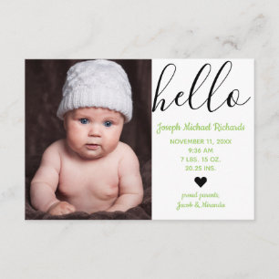 Hello Script Photo Green - 3x5 Faire-part de naiss