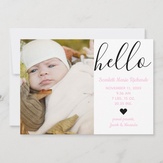 Hello Script Photo Pink - Birth Announcement (Front)