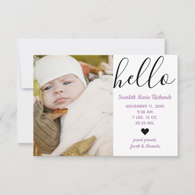 Hello Script Photo Purple - 3x5 Birth Announcement (Front)