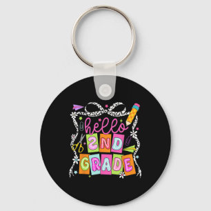 Hello Second Grade Back To School Teacher Girl Bow Keychain