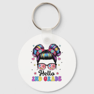 Hello Second Grade Groovy Messy Bun Back To School Keychain