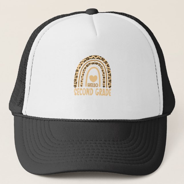 Hello Second Grade-Leopard Rainbow-Back to School Trucker Hat (Front)