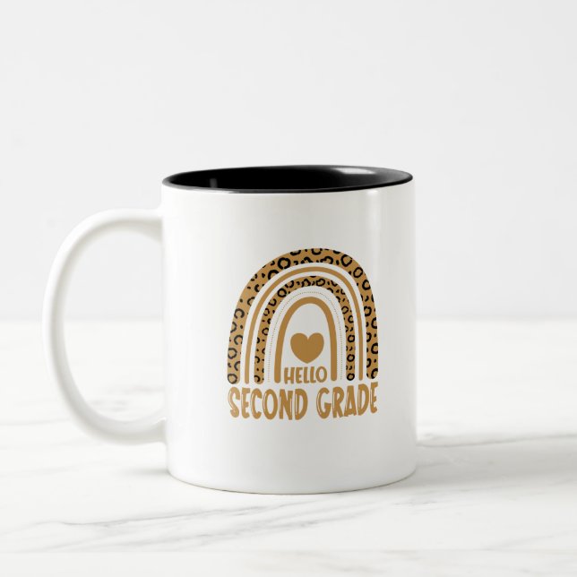 Hello Second Grade-Leopard Rainbow-Back to School Two-Tone Coffee Mug (Left)