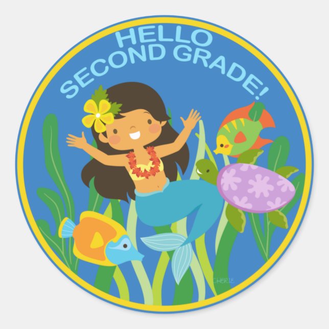 Hello Second Grade! Mermaid and Fish Classic Round Sticker (Front)
