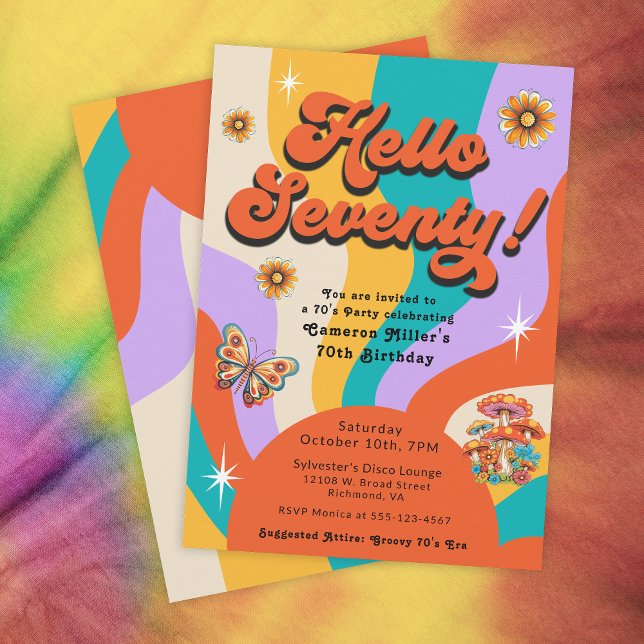 Hello Seventy Groovy 70's Birthday Party Invitation (Celebrate turning 70 with a Groovy Seventies Party!)