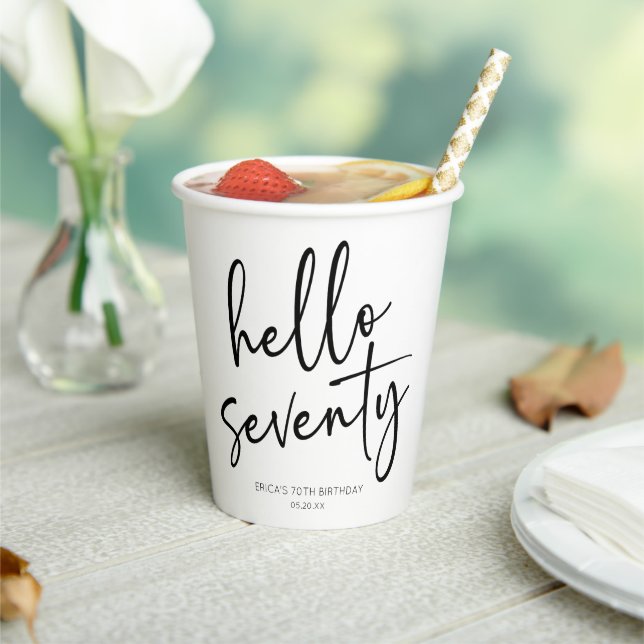 Hello Seventy Minimalist 70th Birthday Party Paper Cups (Insitu)