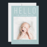 HELLO Simple Blue Modern Multi Photo Birth Announcement<br><div class="desc">This stylish and elegant 2-sided photo birth announcement card features four (4) photos (front & back) of your newborn baby boy, custom text that can be personalized, and a text that says "HELLO" in blocky font on a blue background. Customize this product by adding your newborn baby's name, pictures, birth...</div>