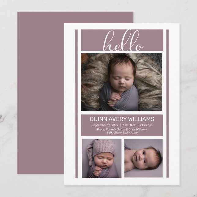 Hello Simple Minimalist Lavender Baby Birth  Annou Announcement (Front/Back)