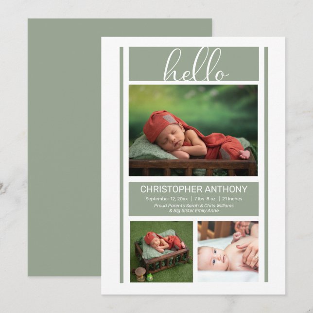 Hello Simple Minimalist Sage Green Baby Boy Birth Announcement (Front/Back)