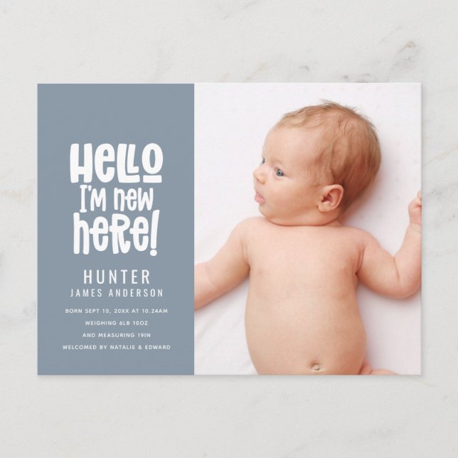 Hello, simple modern minimal photo birth holiday postcard (Front)