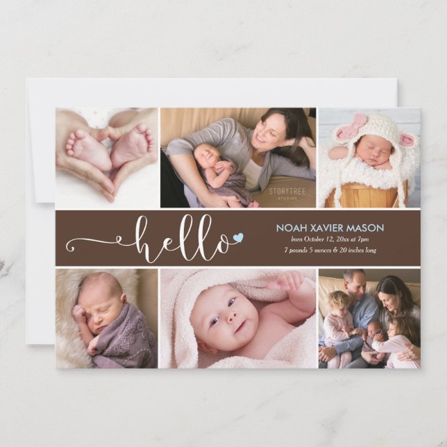 Hello Six Photo Collage Birth Announcement (Front)