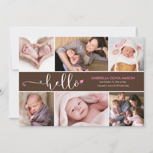 Hello Six Photo Collage Birth Announcement (Front)